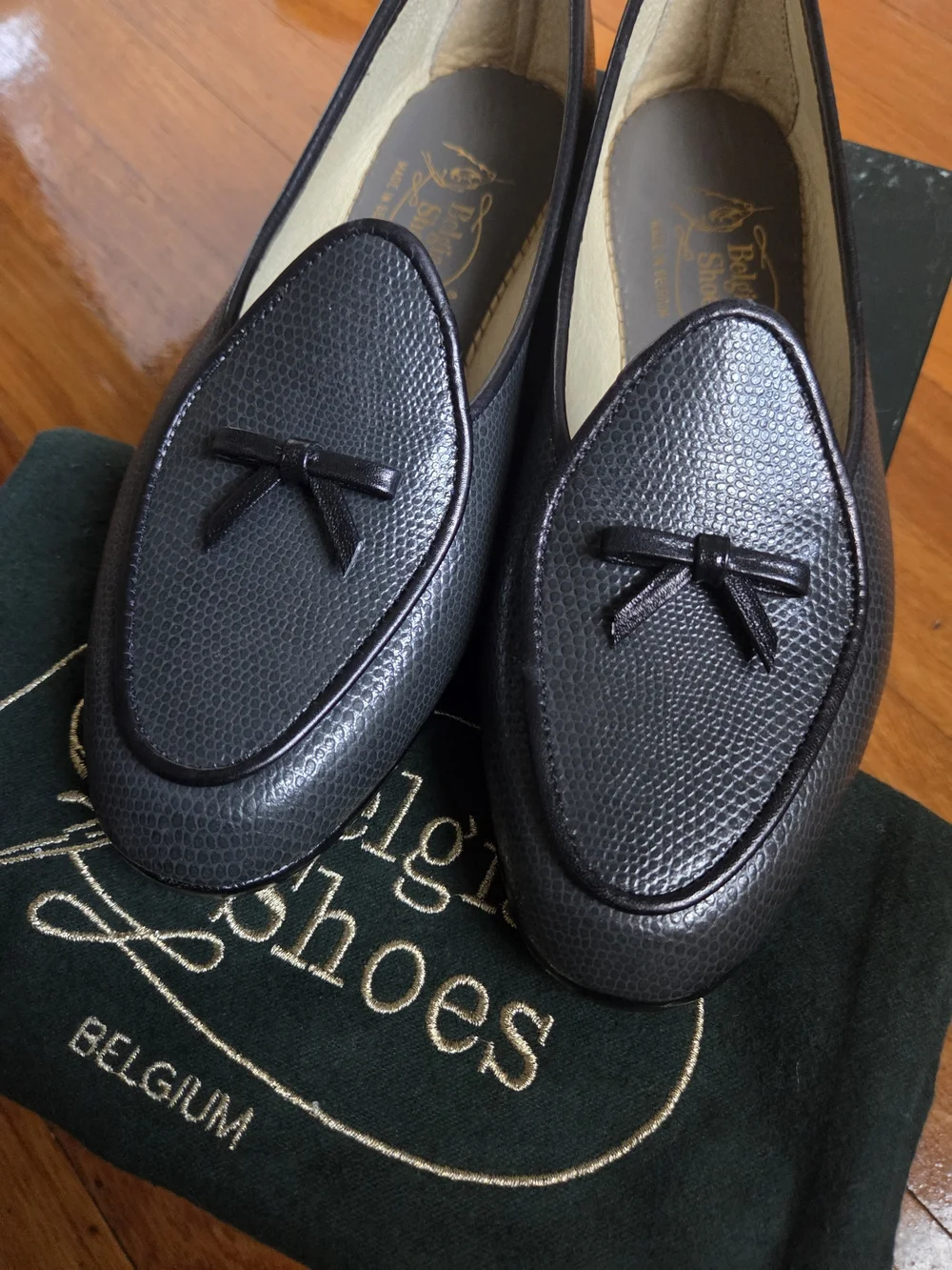 Belgian Shoes 'Midinettes' Lizard Calf Leather Loafers with Bow Accent